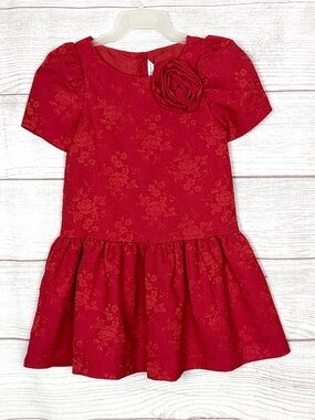 JANIE and JACK Rose Jacquard Red Party Dress Dropwaist Short Puff Sleeve Size 7